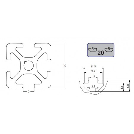 Profil de aluminiu 20x20 mm, canal 5 tip ITEM